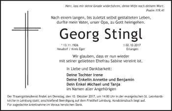 Traueranzeige von Georg Stingl von Pegnitz-Zeitung