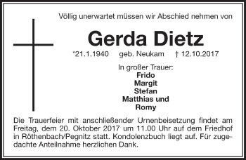 Traueranzeige von Gerda Dietz von Pegnitz-Zeitung