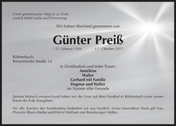 Traueranzeige von Günter Preiß von Pegnitz-Zeitung