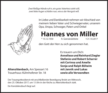 Traueranzeige von Hannes von Miller von Hersbrucker Zeitung