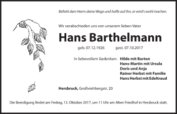 Traueranzeige von Hans Barthelmann von Hersbrucker Zeitung