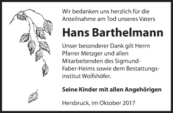 Traueranzeige von Hans Barthelmann von Hersbrucker Zeitung