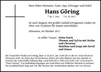 Traueranzeige von Hans Göring von Pegnitz-Zeitung