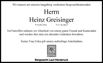Traueranzeige von Heinz Greisinger von Hersbrucker Zeitung