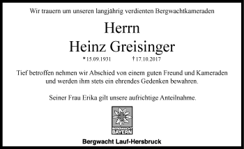 Traueranzeige von Heinz Greisinger von Pegnitz-Zeitung