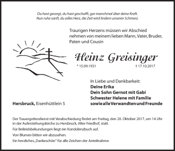 Traueranzeige von Heinz Greisinger von Hersbrucker Zeitung