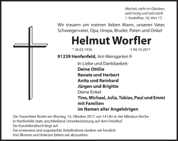 Traueranzeige von Helmut  Worfler von Hersbrucker Zeitung
