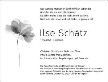 Traueranzeige von Ilse Schätz von Pegnitz-Zeitung