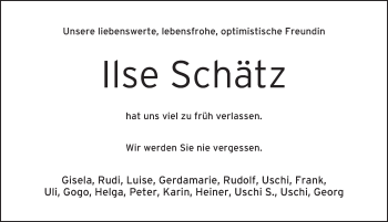 Traueranzeige von Ilse Schätz von Pegnitz-Zeitung