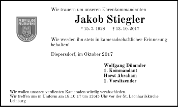Traueranzeige von Jakob Stiegler von Pegnitz-Zeitung