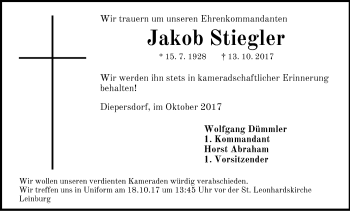 Traueranzeige von Jakob Stiegler von Pegnitz-Zeitung