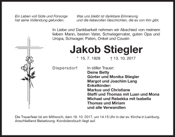 Traueranzeige von Jakob Stiegler von Der Bote