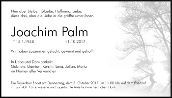 Traueranzeige von Joachim Palm von Pegnitz-Zeitung
