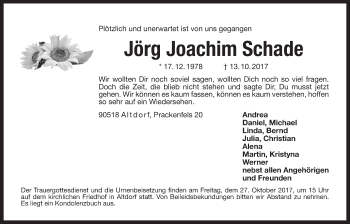 Traueranzeige von Jörg Joachim Schade von Der Bote