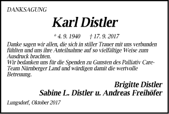 Traueranzeige von Karl Distler von Hersbrucker Zeitung