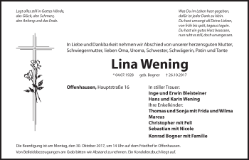 Traueranzeige von Lina Wening von Hersbrucker Zeitung