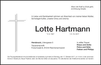 Traueranzeige von Lotte Hartmann von Hersbrucker Zeitung