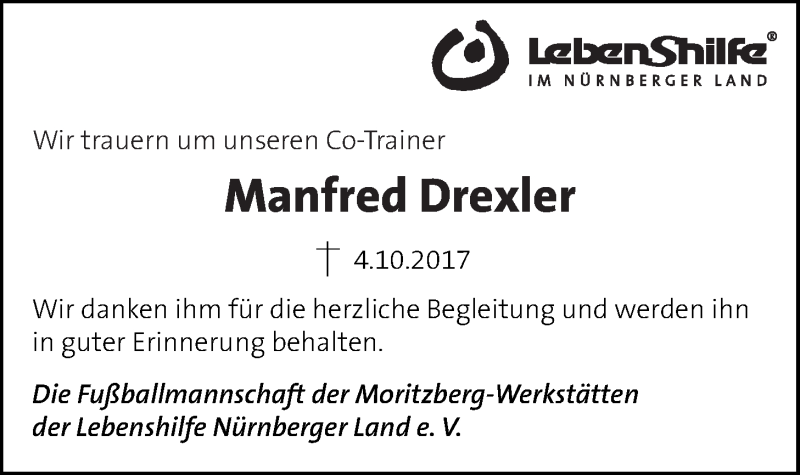  Traueranzeige für Manfred Drexler vom 10.10.2017 aus Der Bote