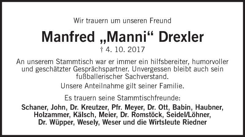  Traueranzeige für Manfred Drexler vom 10.10.2017 aus Der Bote