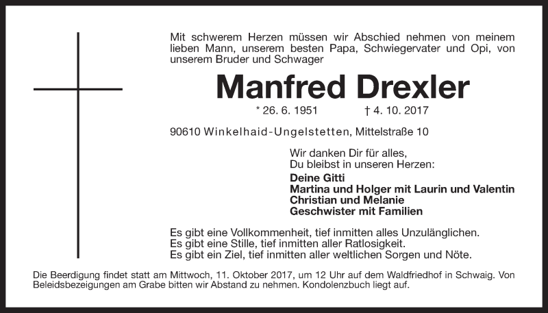  Traueranzeige für Manfred Drexler vom 07.10.2017 aus Der Bote