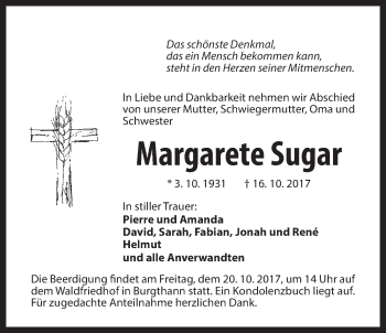 Traueranzeige von Margarete Sugar von Der Bote