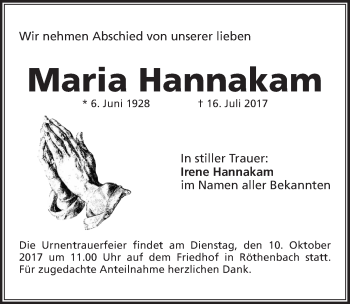 Traueranzeige von Maria Hannakam von Pegnitz-Zeitung
