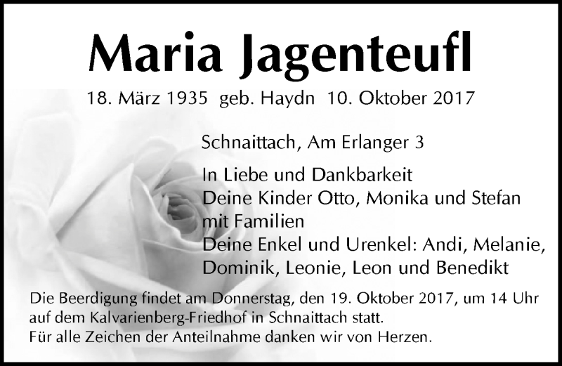  Traueranzeige für Maria Jagenteufl vom 14.10.2017 aus Pegnitz-Zeitung
