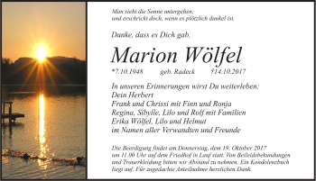Traueranzeige von Marion Wölfel von Pegnitz-Zeitung
