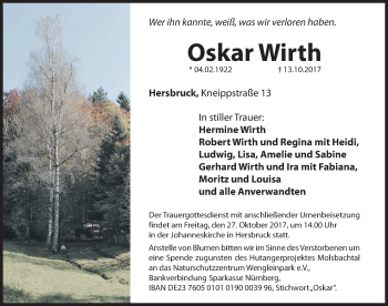 Traueranzeige von Oskar Wirth von Hersbrucker Zeitung