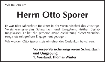 Traueranzeige von Otto Sporer von Pegnitz-Zeitung