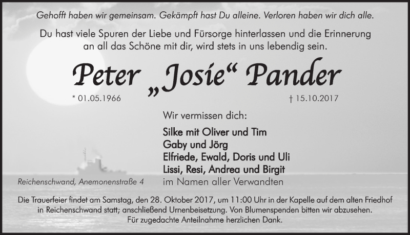  Traueranzeige für Peter Pander vom 21.10.2017 aus Hersbrucker Zeitung