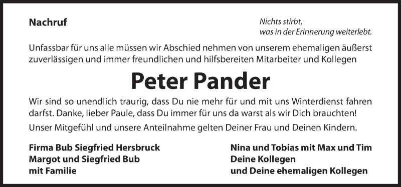  Traueranzeige für Peter Pander vom 21.10.2017 aus Hersbrucker Zeitung