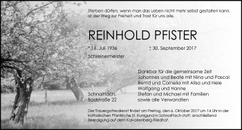 Traueranzeige von Reinhold Pfister von Pegnitz-Zeitung