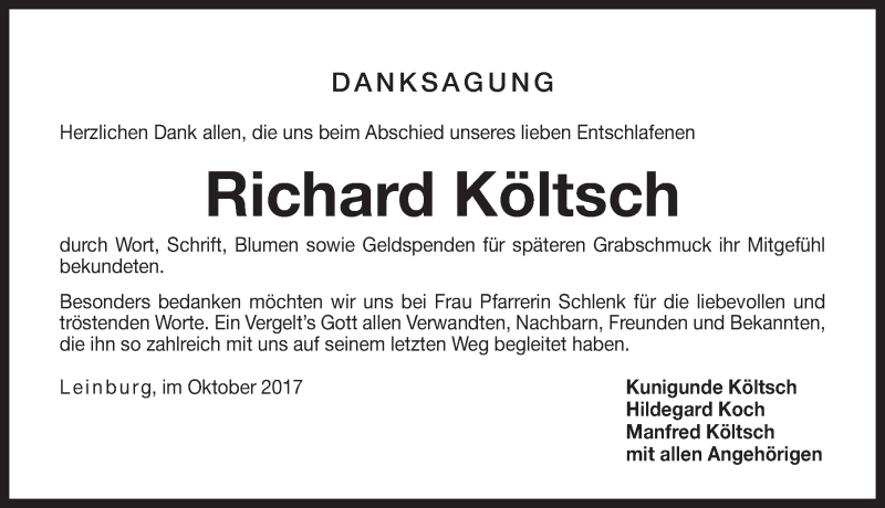  Traueranzeige für Richard Költsch vom 21.10.2017 aus Pegnitz-Zeitung