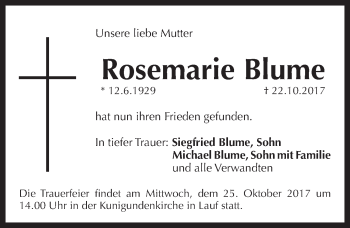 Traueranzeige von Rosemarie Blume von Pegnitz-Zeitung
