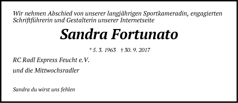  Traueranzeige für Sandra Fortunato vom 07.10.2017 aus Der Bote