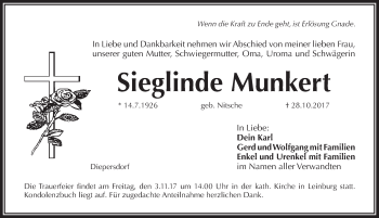 Traueranzeige von Sieglinde Munkert von Pegnitz-Zeitung