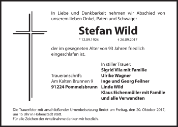 Traueranzeige von Stefan Wild von Hersbrucker Zeitung