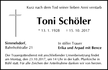 Traueranzeige von Toni Schöler von Pegnitz-Zeitung