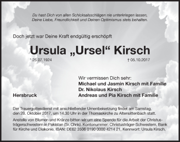 Traueranzeige von Ursula Kirsch von Hersbrucker Zeitung