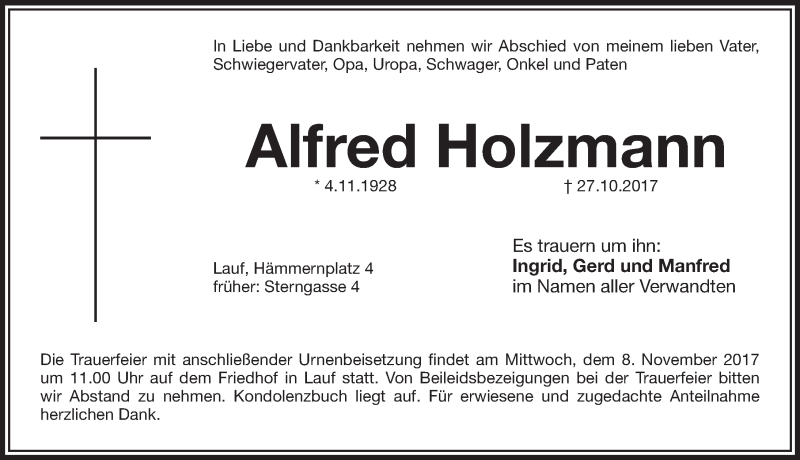  Traueranzeige für Alfred Holzmann vom 04.11.2017 aus Pegnitz-Zeitung