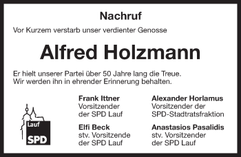 Traueranzeige von Alfred Holzmann von Pegnitz-Zeitung