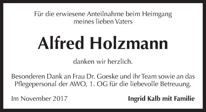  Traueranzeige für Alfred Holzmann vom 11.11.2017 aus Pegnitz-Zeitung