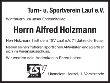 Traueranzeige von Alfred Holzmann von Pegnitz-Zeitung