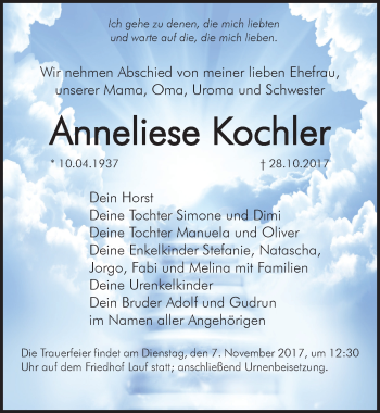 Traueranzeige von Anneliese Kochler von Pegnitz-Zeitung