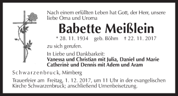 Traueranzeige von Babette Meißlein von Der Bote