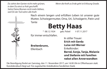 Traueranzeige von Betty Haas von Hersbrucker Zeitung