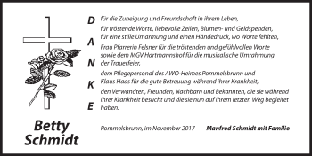 Traueranzeige von Betty Schmidt von Hersbrucker Zeitung