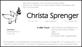 Traueranzeige von Christa Sprenger von Pegnitz-Zeitung