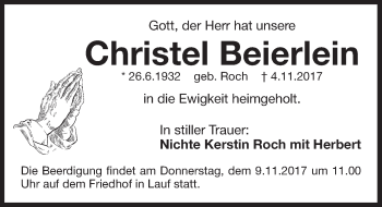Traueranzeige von Christel Beierlein von Pegnitz-Zeitung